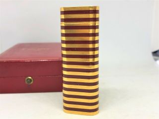 Rare Auth Cartier K18 Gold Plated Lacquer Striped Lighter Bordeaux/gold W Case