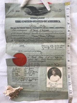 100 Year - Old Travel Document 1919 Italy Visa Travel To United States Cancelled