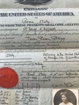 100 Year - Old Travel Document 1919 Italy Visa Travel to United States Cancelled 3