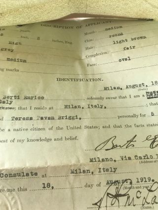 100 Year - Old Travel Document 1919 Italy Visa Travel to United States Cancelled 6