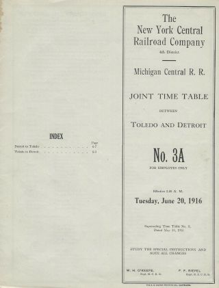 1916 York Central Rr And Michigan Central Railroad Joint Timetable Between T