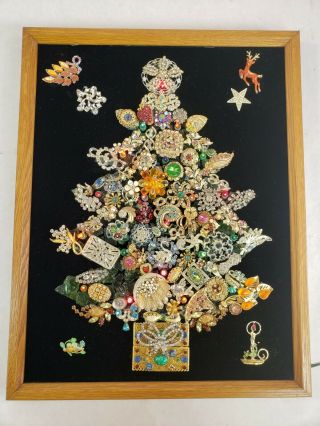 Vintage Framed Lighted Folk Art Jewelry Brooch Christmas Tree Wall Art 19 " X15 "