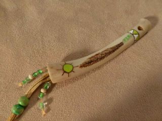Native American Style Bone Whistle 117s Burnt Feather Green Beads