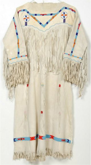 1940s Native American Plains / Sioux Indian Beaded Fringed Hide Dress Stunning