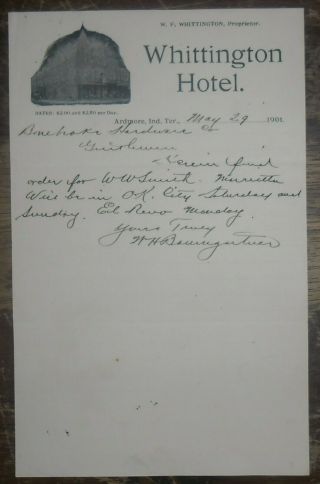 1901 Letterhead Ardmore Oklahoma Territory Whittington Hotel