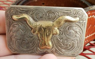 Vtg Harry Soulages Reno Nevada Sterling Silver And 10k Gold Cowboy Belt Buckle