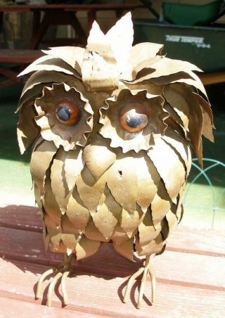 Brutalist Metal Art Owl Sculpture Acrylic Eyes Style Of C Jere Mid Century Mod