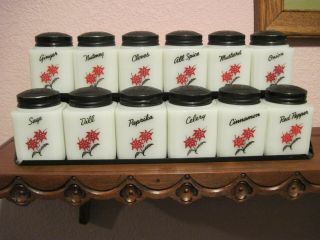 Vintage Set Milk Glass Spice Jars And Metal Rack Marked Tipp - U.  S.  A.