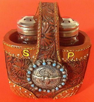Western Salt And Pepper Shaker Holder Steer On Front 4.  5 Inches