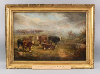 1869 Antique Edmund A.  V.  Willis Western Cowboy Cattle Drive Oil Painting