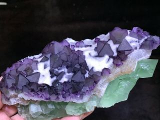 1.  1LB Purple and Green Octahedral Fluorite cluster on Quartz Matrix China 4