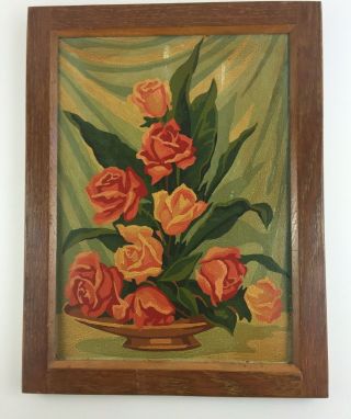 Vintage Mid Century Paint By Number Painting Pink Roses Flowers Framed 16 " X12 "