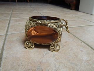 Vtg Gold Gilt Ormolu & Beveled Amber Glass Carriage Jewelry Box,  Casket