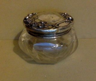 Antique Sterling Silver & Etched Glass.  Dresser Jar.  Simons Brothers.  0.  925 Lid.
