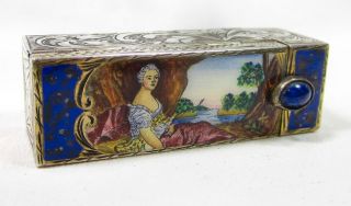 Antique Vintage 800 Silver Enamel Lipstick Case Compact Italy Lady W/ Landscape