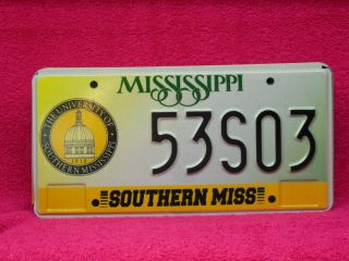 53 S 03 = Nos 1997 Base Southern Miss University Mississippi License Plate Usm