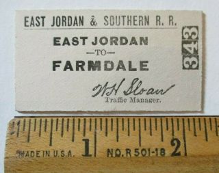 Rare 1930s East Jordan & Southern Railroad Farmdale Michigan Mi Rr Ticket Pass