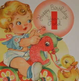 Vintage Greeting Card,  Sweet Girl On Pink Hobby Horse,  5 3/4 "