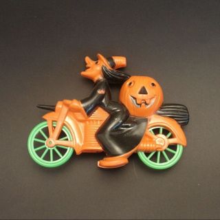 Vintage Hard Plastic Halloween Witch & Jol On Motorcycle Candy Container,  Rosbro