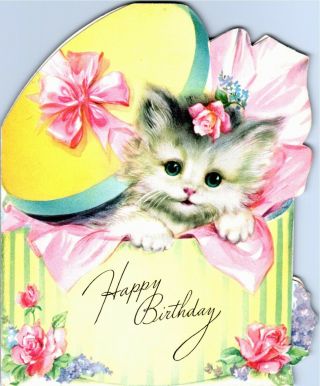 3 Images Kitty Cat Kitten Hat Box Gift Birthday Pink Vtg Christmas Greeting Card