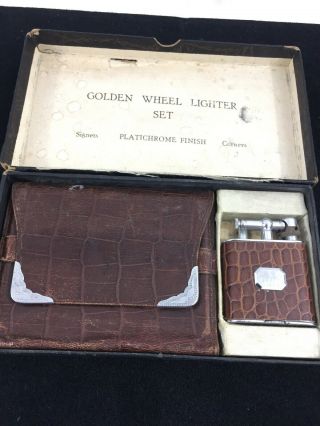 Vintage Golden Wheel Lift Arm Pocket Lighter & Matching Wallet Set - Near Mib