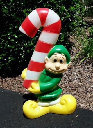 Vintage Elf With Candy Cane Plastic Blow Mold Outdoor Christmas Decor 32 "