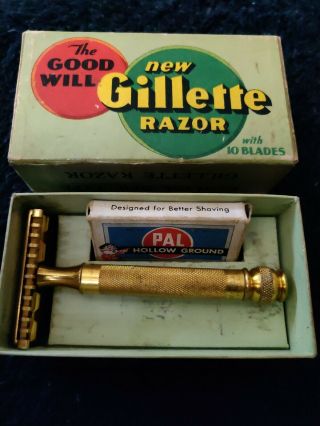 Vintage Gillette Goodwill Safety Razor Set Patented With Pal Hollow Ground Blade