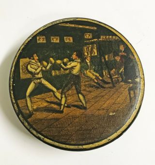 Antique 19th Century Papier Mache Snuff Box With Fighting Scene Boxing Gym