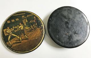 Antique 19th Century Papier Mache Snuff Box with Fighting Scene Boxing Gym 2