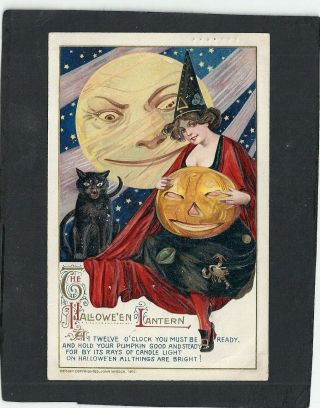 Halloween Postcard By John Winsch: 1912: Pretty Witch With Cart And Large Jol