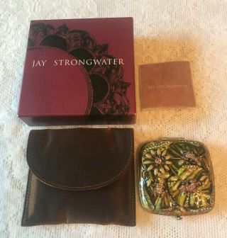 Jay Strongwater Lily Pads Frogs Flowers Rhinestones Mirror Compact Box