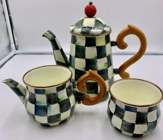 Mackenzie Childs Courtly Check Enamel Tea/coffee Set W Creamer & Sugar Bowl