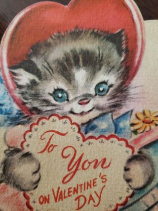 Vtg Rust Craft Valentine Greeting Card Diecut Kitten Hat Box Bonnet 40s