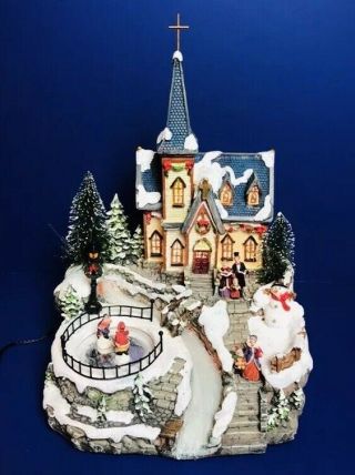 Christmas Animated Church Lighted Village Sound Fiber Optic Musical Tree 15” Box