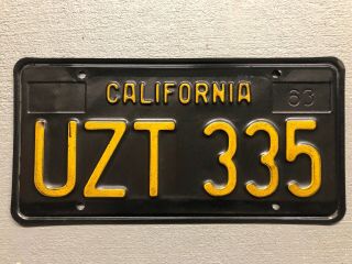 Vintage 1963 California License Plate Classic Black/yellow Uzt - 335