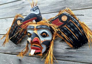 Northwest Coast First Nations native cedar carved LOON Mask inlaid signed,  large 11