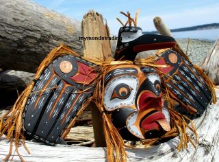 Northwest Coast First Nations Native Cedar Carved Loon Mask Inlaid Signed,  Large