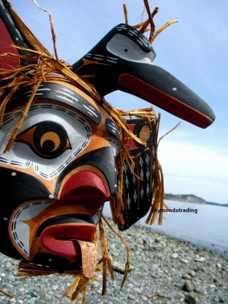 Northwest Coast First Nations native cedar carved LOON Mask inlaid signed,  large 3