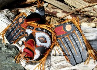 Northwest Coast First Nations native cedar carved LOON Mask inlaid signed,  large 5