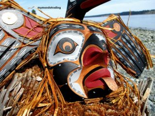 Northwest Coast First Nations native cedar carved LOON Mask inlaid signed,  large 7