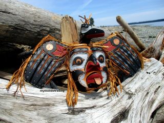 Northwest Coast First Nations native cedar carved LOON Mask inlaid signed,  large 9