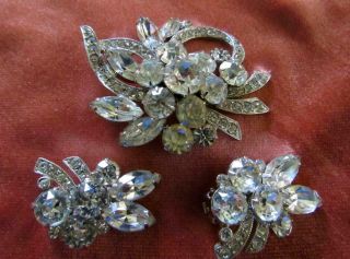 Large Vintage Brooch / Pin And Earings Set.  Crystal Rhinestone.  Eisenburg Ice