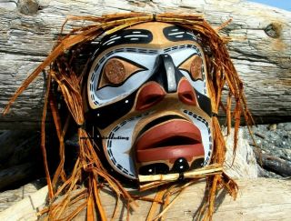 Northwest Coast First Nations Native Art Cedar Carved Speaker Man Mask,  Signed