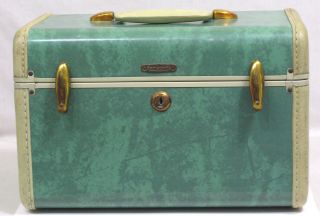 Vtg Samsonite Train Case Luggage Mirror Blue Green