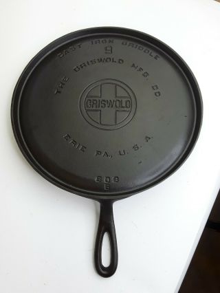 Griswold No.  9 Round Cast Iron Griddle Lbl 609 B  Cleaned Seasoned