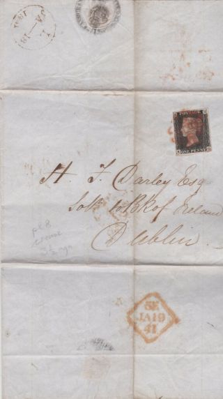 1841 Qv Cover With A 1d Penny Black Stamp (crease) Pl 8 Sent To Dublin Cat £1000