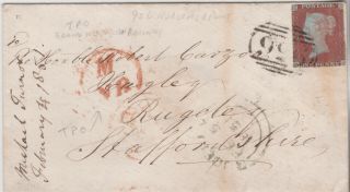 1851 QV HURSTPIERPOINT COVER WITH A 1d PENNY RED STAMP RARE NORTHERN RAILWAY TPO 2