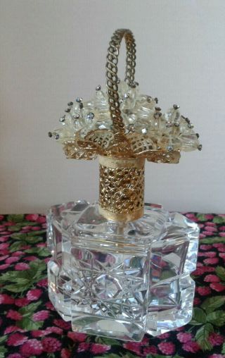 Vintage Irice Gold Filigree Rhinestone Flower Topped Perfume Bottle West Germany