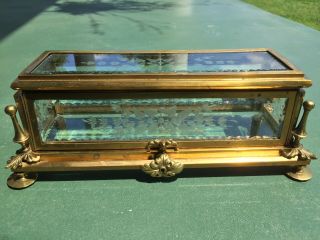 Antique Victorian Bronze ? Accordian Lid Jewelry Box Casket Beveled Etched Glass