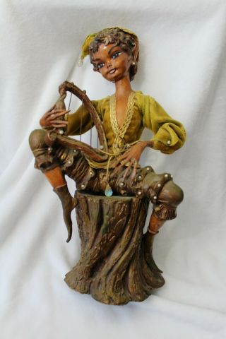 Vintage Wooden Pixie Elf Playing Harp On Tree Trunk 17 In